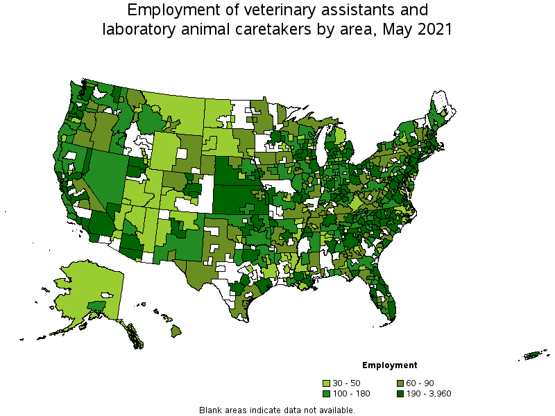 Map of employment of veterinary assistants and laboratory animal caretakers by area, May 2021