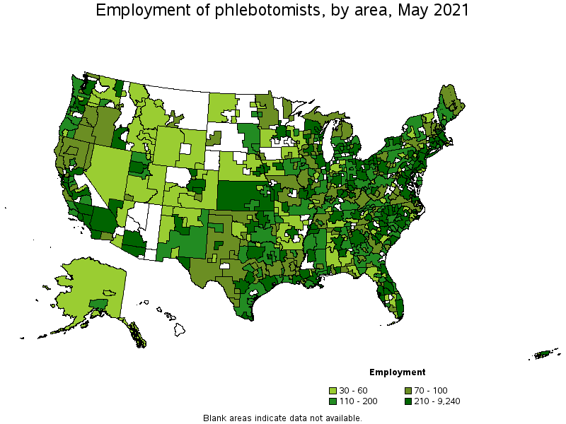 Map of employment of phlebotomists by area, May 2021