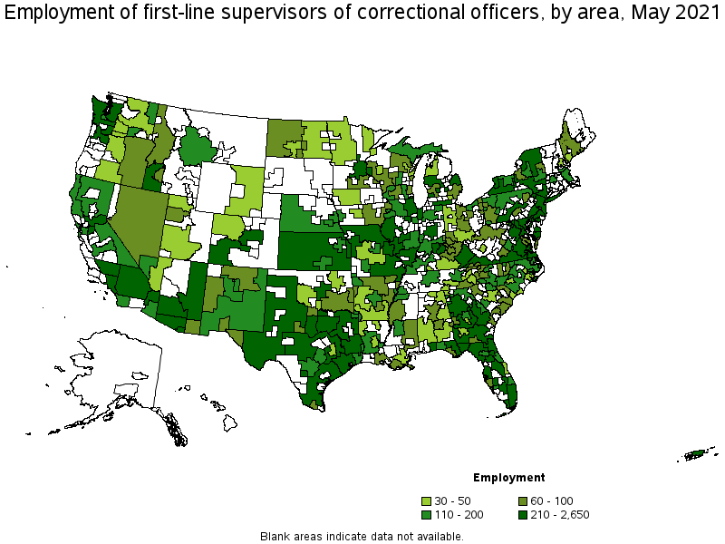 Map of employment of first-line supervisors of correctional officers by area, May 2021