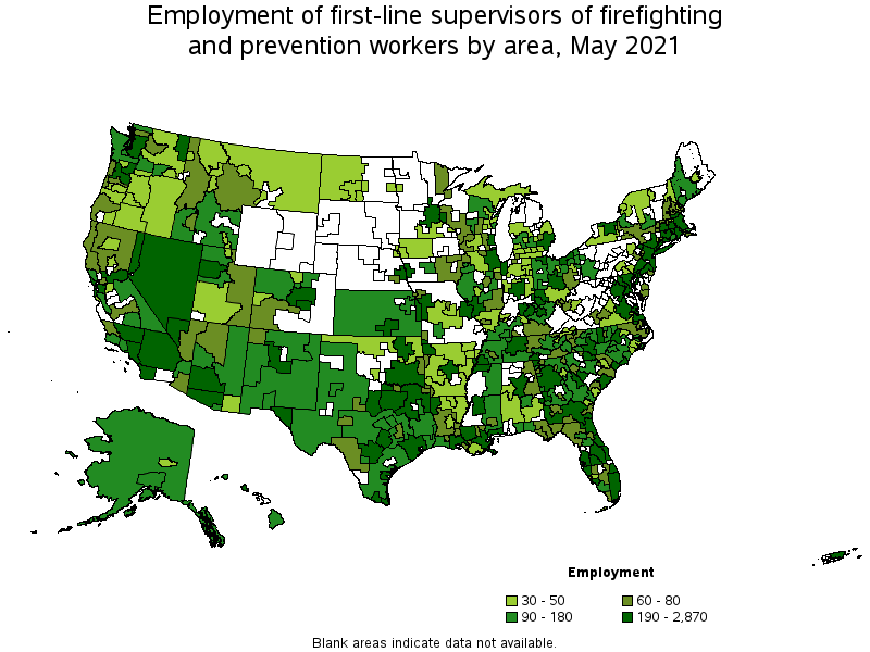 Map of employment of first-line supervisors of firefighting and prevention workers by area, May 2021