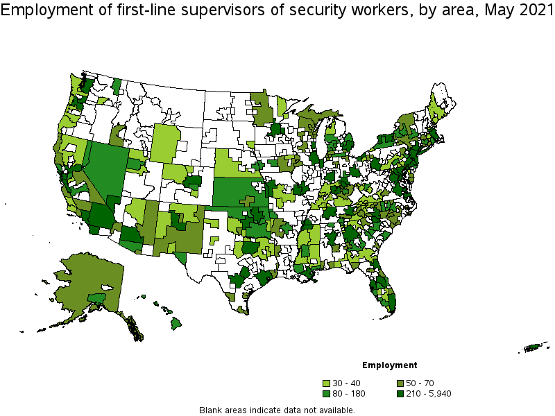 Map of employment of first-line supervisors of security workers by area, May 2021