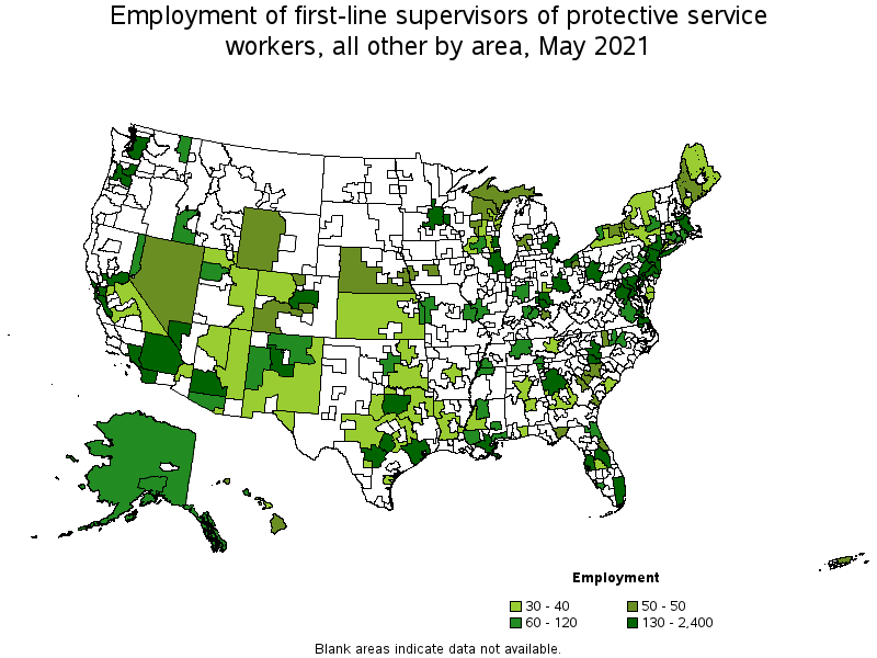 Map of employment of first-line supervisors of protective service workers, all other by area, May 2021