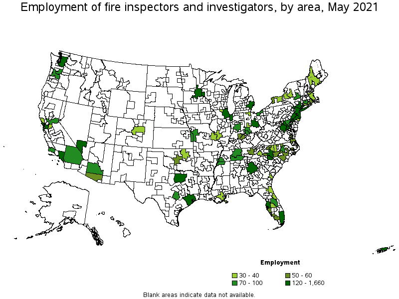 Map of employment of fire inspectors and investigators by area, May 2021