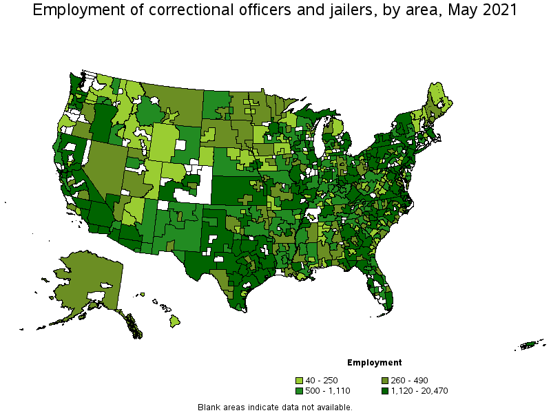 Map of employment of correctional officers and jailers by area, May 2021
