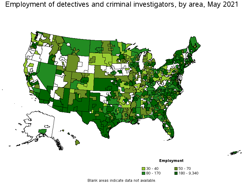 Map of employment of detectives and criminal investigators by area, May 2021