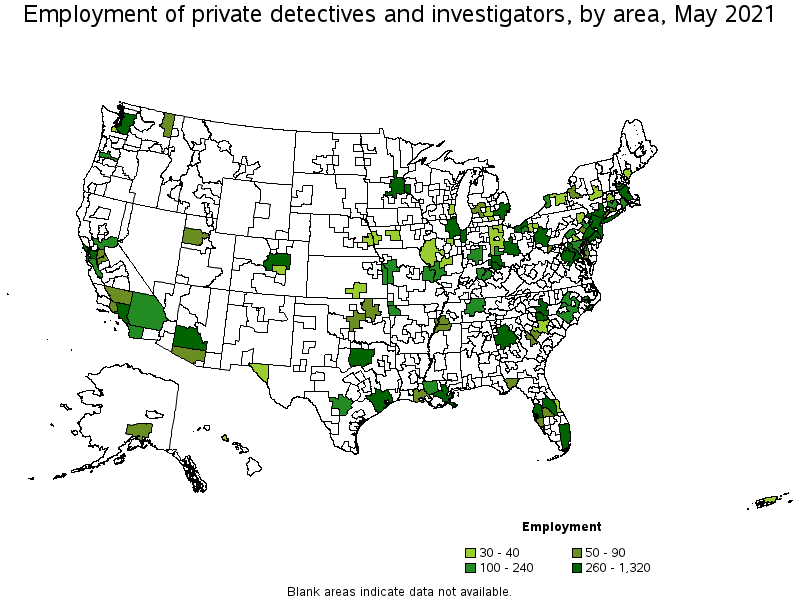 Map of employment of private detectives and investigators by area, May 2021