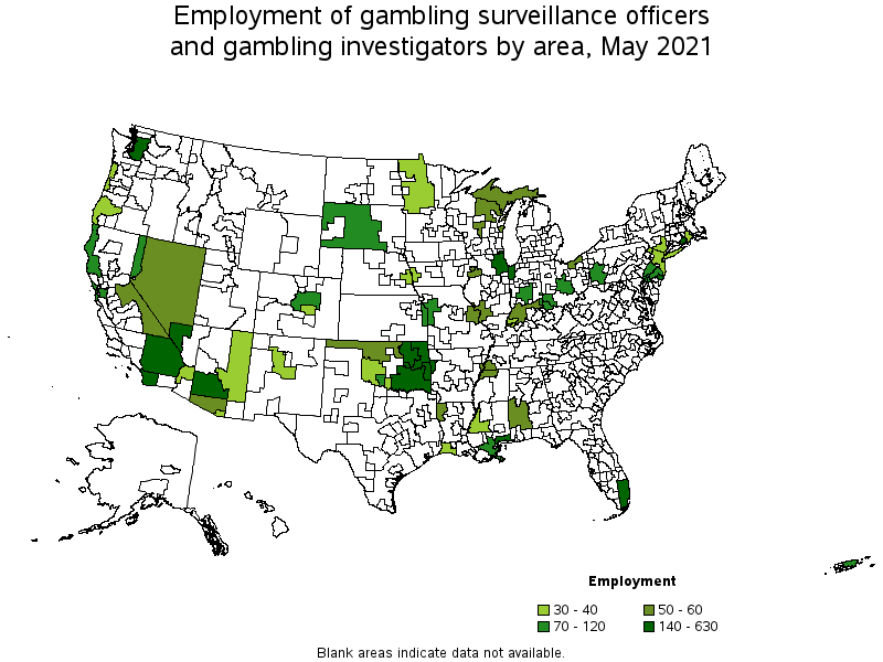 Map of employment of gambling surveillance officers and gambling investigators by area, May 2021