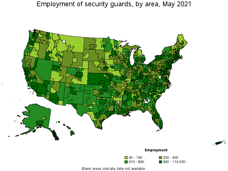 Map of employment of security guards by area, May 2021