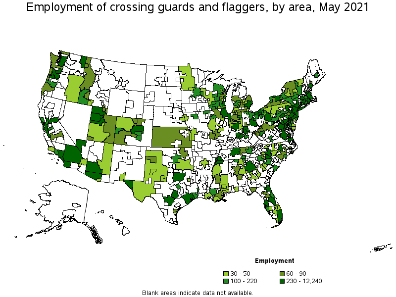Map of employment of crossing guards and flaggers by area, May 2021
