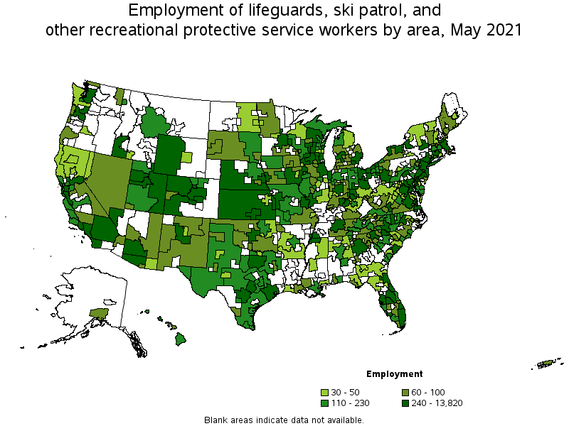 Map of employment of lifeguards, ski patrol, and other recreational protective service workers by area, May 2021