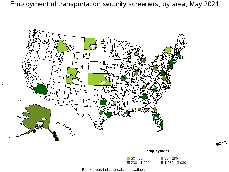 Map of employment of transportation security screeners by area, May 2021