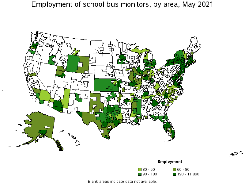 Map of employment of school bus monitors by area, May 2021