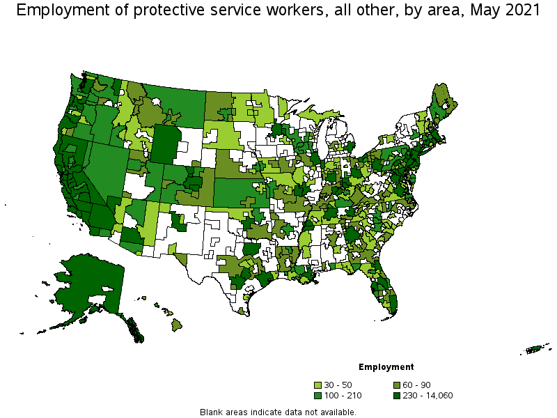Map of employment of protective service workers, all other by area, May 2021