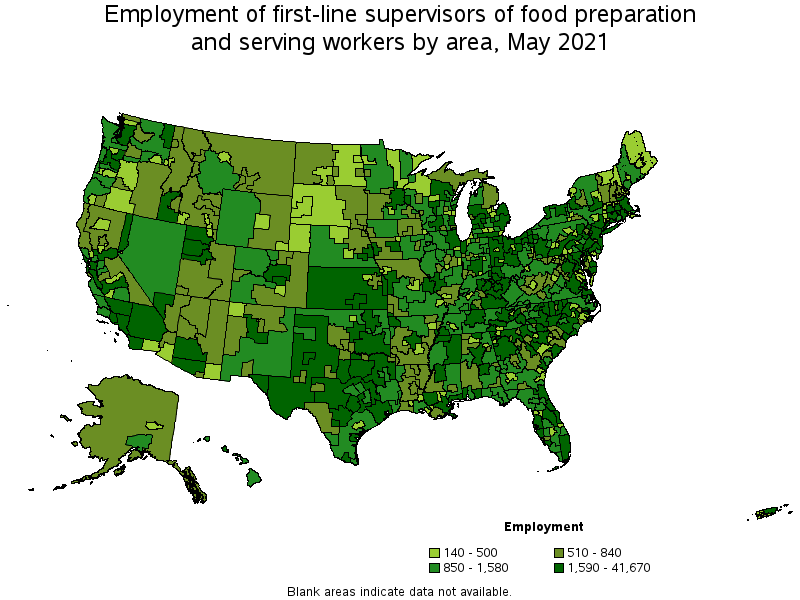 Map of employment of first-line supervisors of food preparation and serving workers by area, May 2021