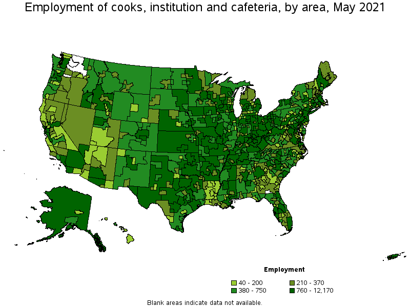 Map of employment of cooks, institution and cafeteria by area, May 2021