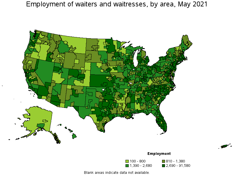 Map of employment of waiters and waitresses by area, May 2021