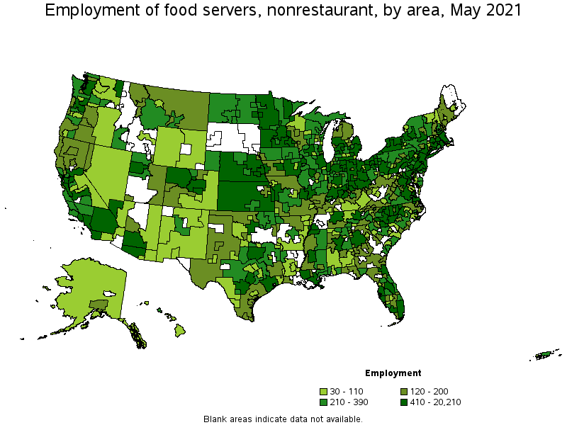 Map of employment of food servers, nonrestaurant by area, May 2021