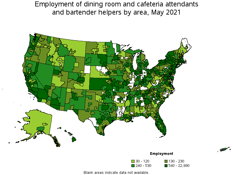 Map of employment of dining room and cafeteria attendants and bartender helpers by area, May 2021