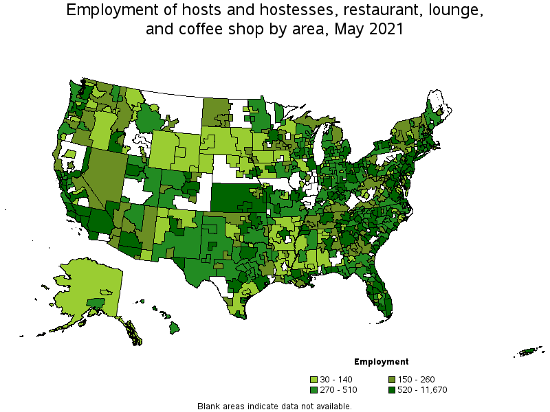 Map of employment of hosts and hostesses, restaurant, lounge, and coffee shop by area, May 2021