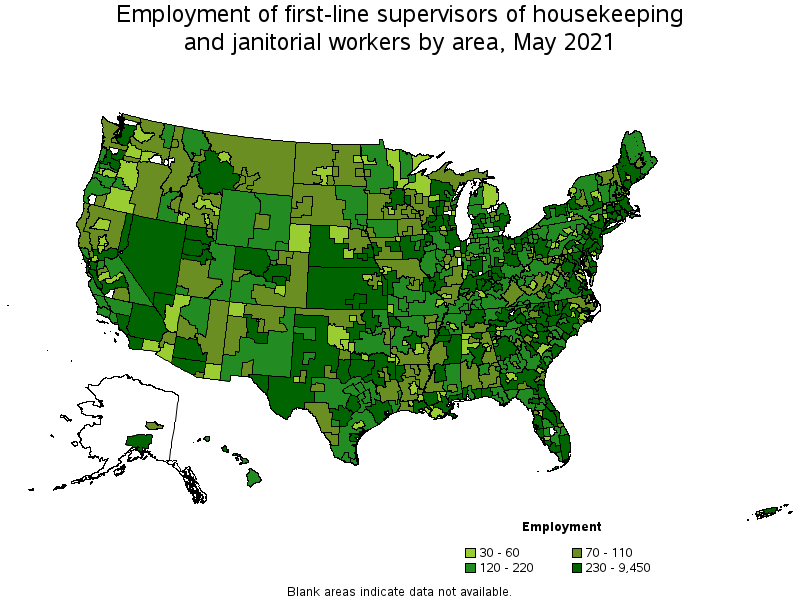 Map of employment of first-line supervisors of housekeeping and janitorial workers by area, May 2021