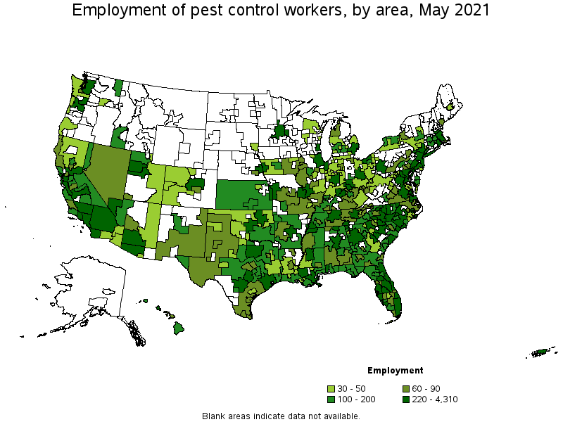Map of employment of pest control workers by area, May 2021