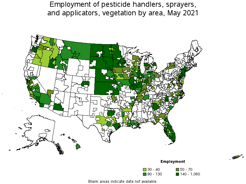 Map of employment of pesticide handlers, sprayers, and applicators, vegetation by area, May 2021