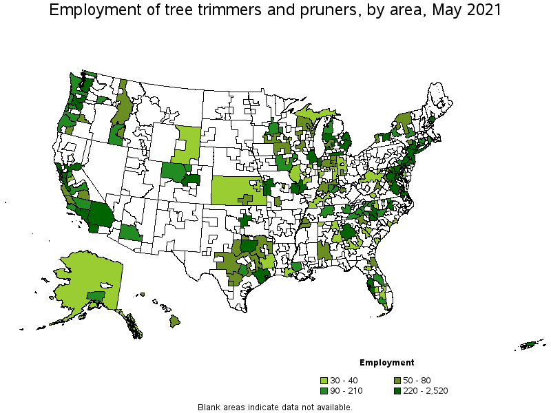 Map of employment of tree trimmers and pruners by area, May 2021