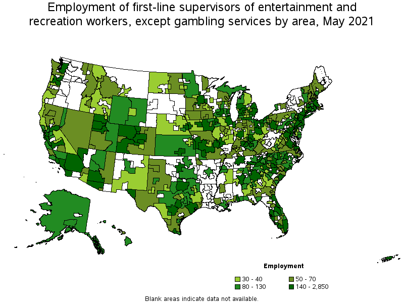 Map of employment of first-line supervisors of entertainment and recreation workers, except gambling services by area, May 2021