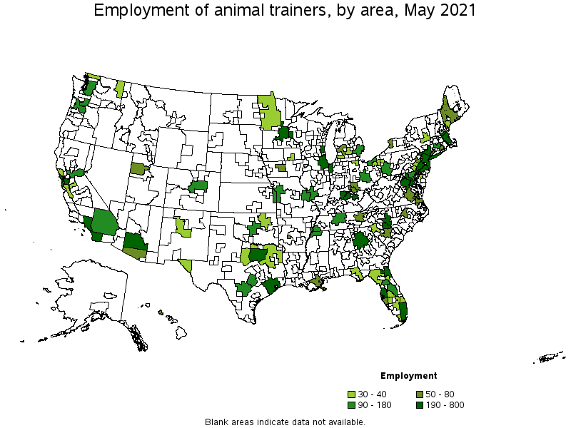 Map of employment of animal trainers by area, May 2021