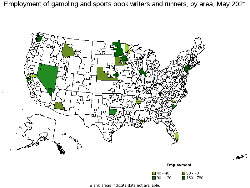 Map of employment of gambling and sports book writers and runners by area, May 2021