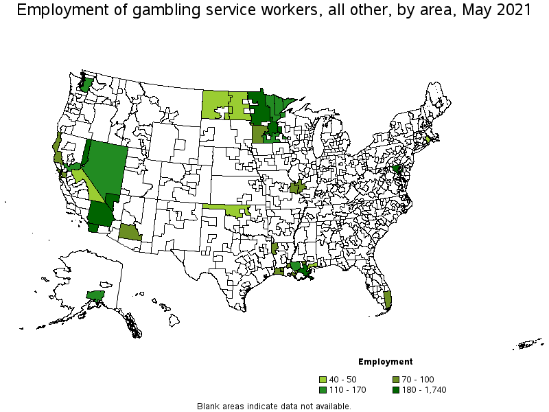Map of employment of gambling service workers, all other by area, May 2021