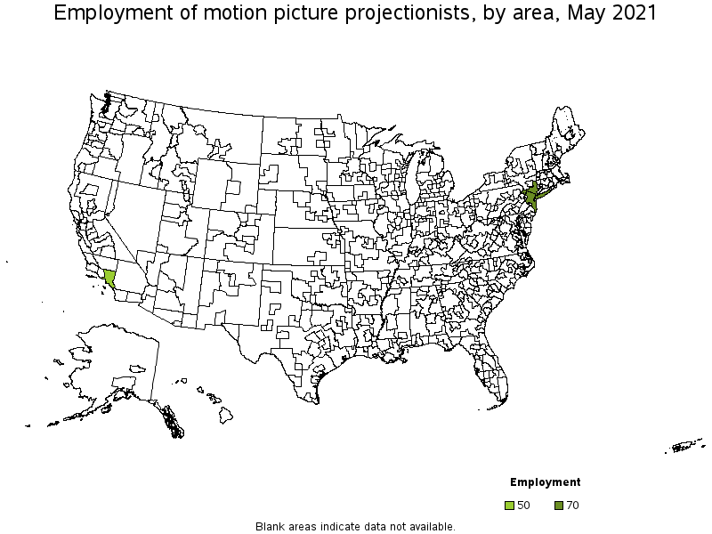 Map of employment of motion picture projectionists by area, May 2021
