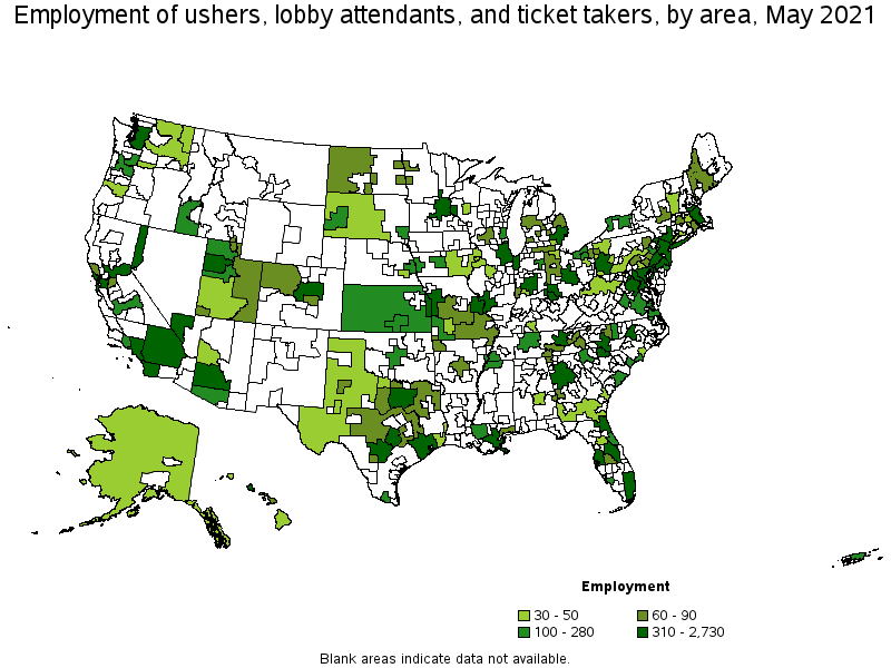 Map of employment of ushers, lobby attendants, and ticket takers by area, May 2021