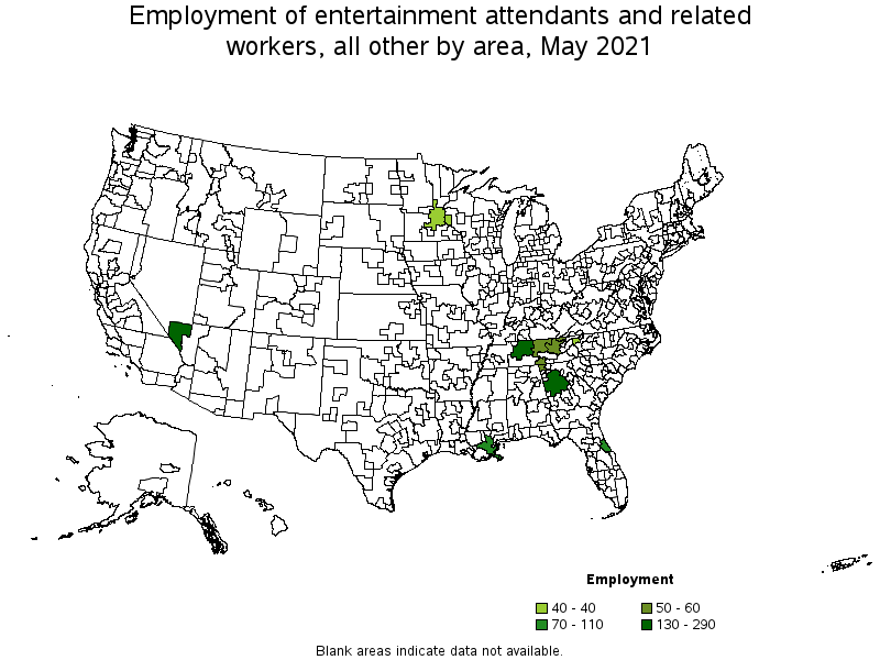 Map of employment of entertainment attendants and related workers, all other by area, May 2021
