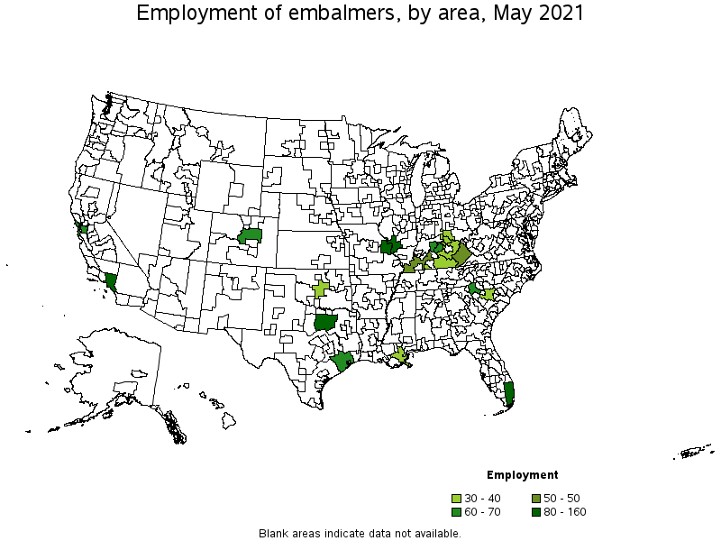 Map of employment of embalmers by area, May 2021