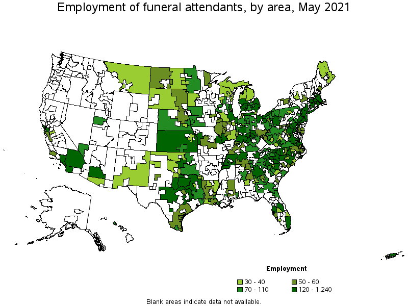 Map of employment of funeral attendants by area, May 2021