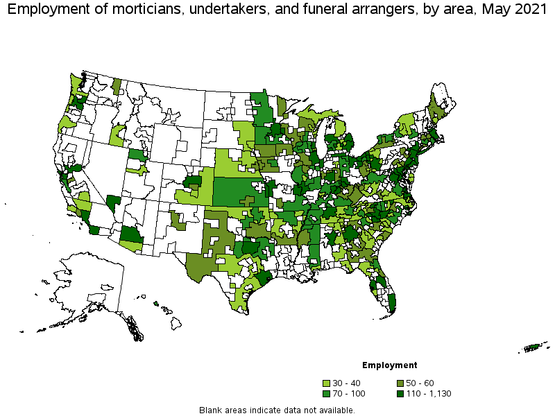 Map of employment of morticians, undertakers, and funeral arrangers by area, May 2021