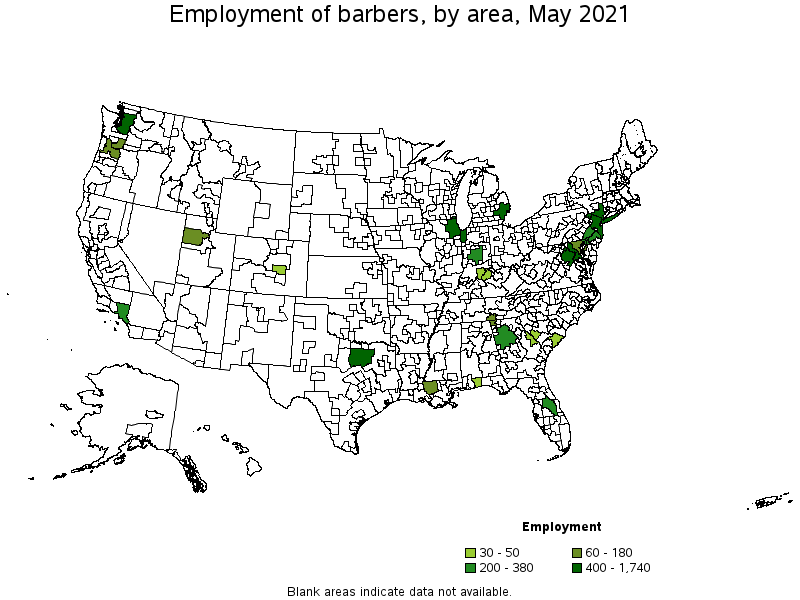 Map of employment of barbers by area, May 2021
