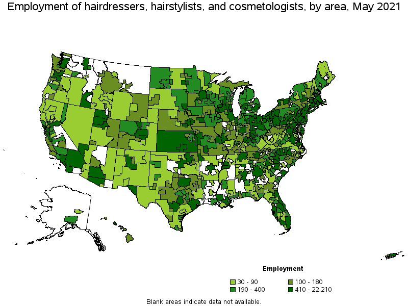 Map of employment of hairdressers, hairstylists, and cosmetologists by area, May 2021