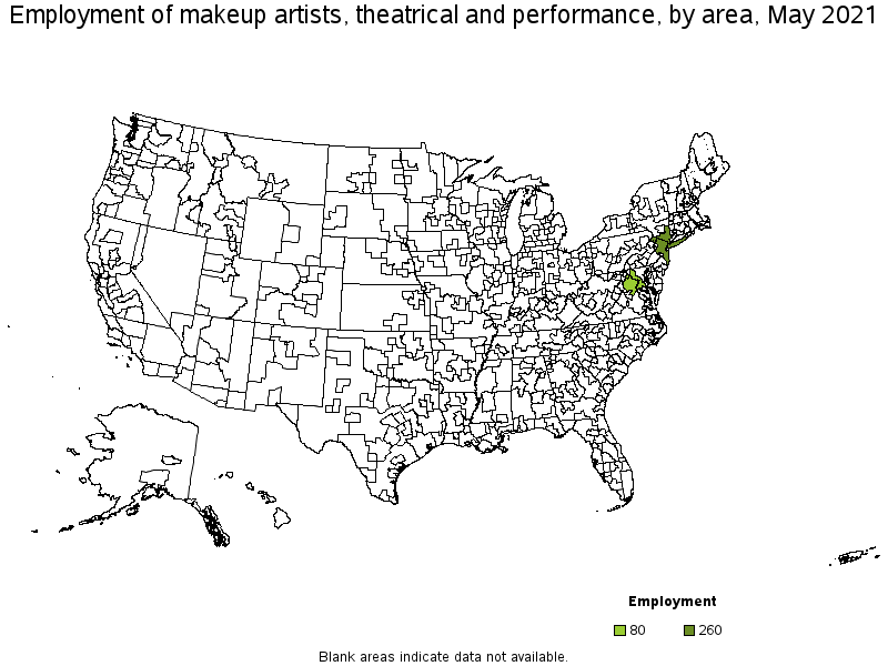 Map of employment of makeup artists, theatrical and performance by area, May 2021