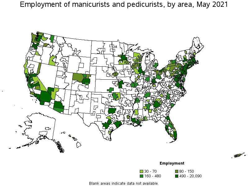 Map of employment of manicurists and pedicurists by area, May 2021