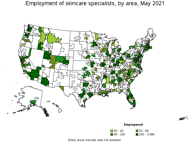 Map of employment of skincare specialists by area, May 2021