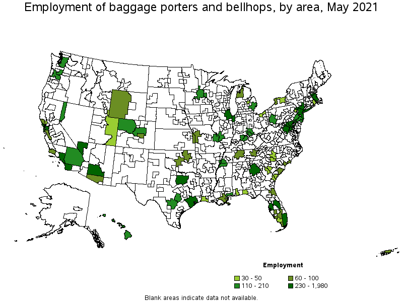Map of employment of baggage porters and bellhops by area, May 2021