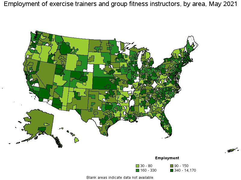 Map of employment of exercise trainers and group fitness instructors by area, May 2021