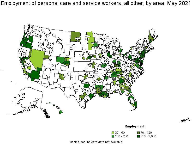 Map of employment of personal care and service workers, all other by area, May 2021