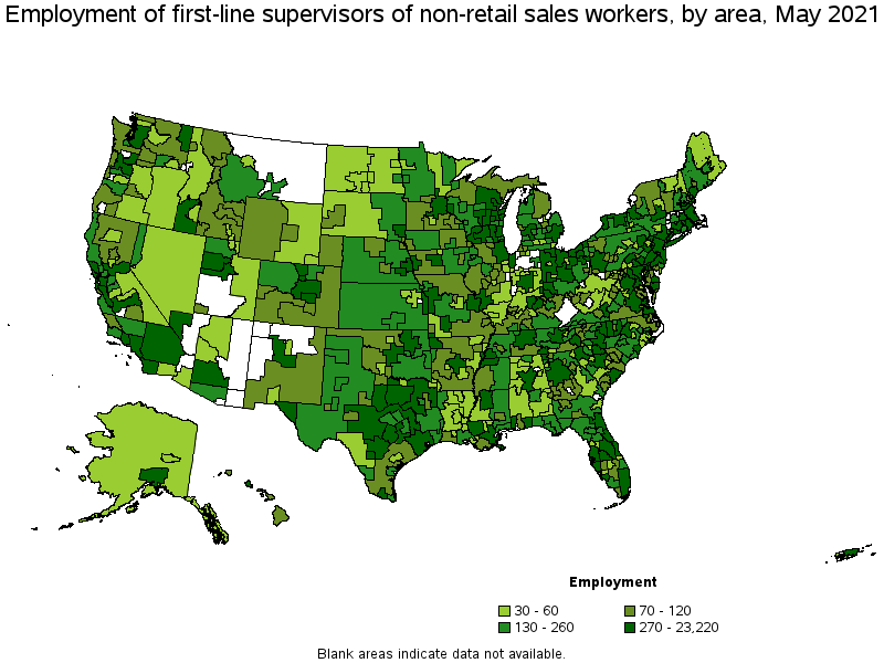 Map of employment of first-line supervisors of non-retail sales workers by area, May 2021