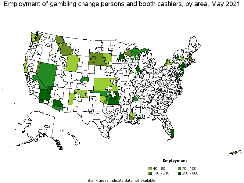 Map of employment of gambling change persons and booth cashiers by area, May 2021