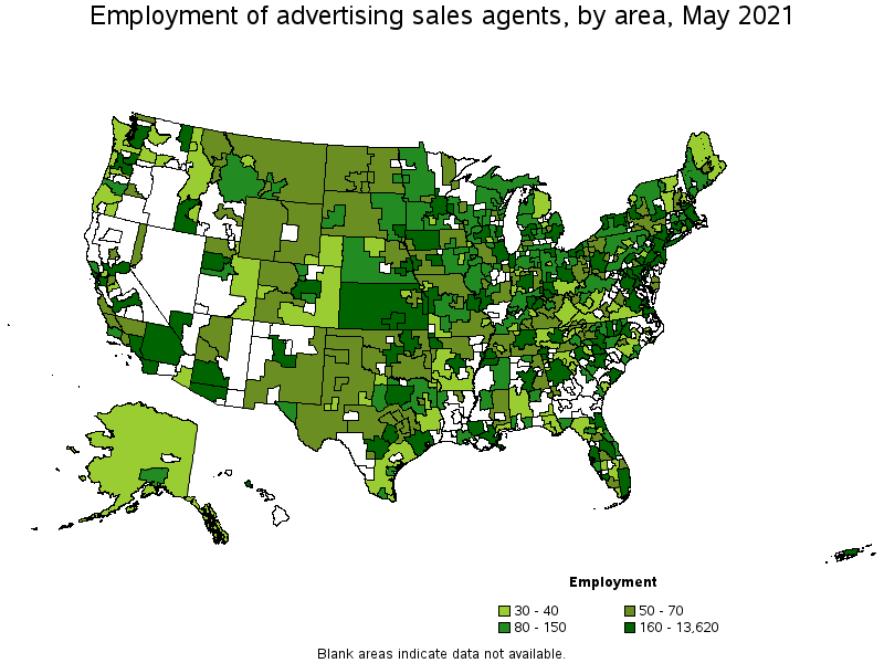 Map of employment of advertising sales agents by area, May 2021