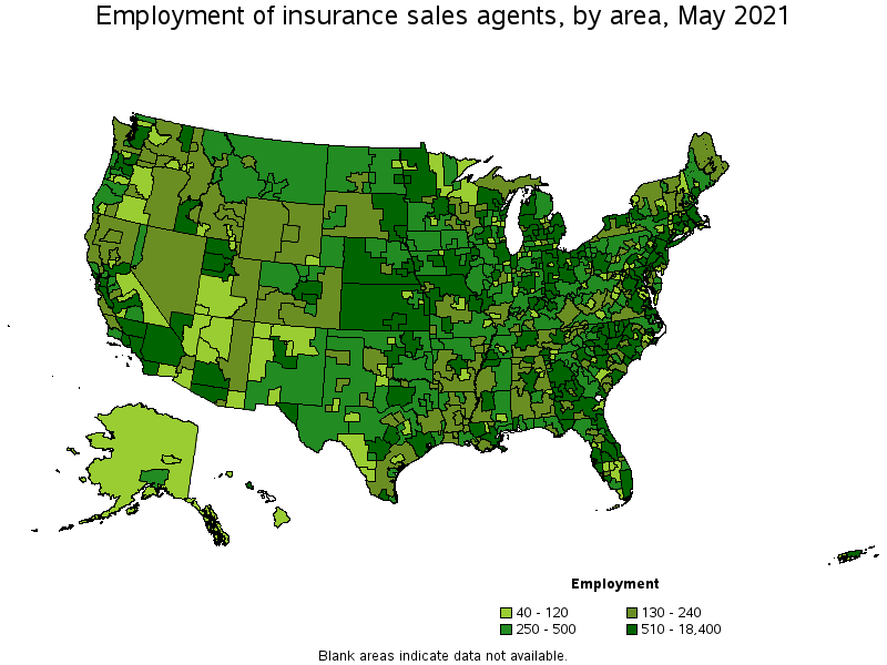 Map of employment of insurance sales agents by area, May 2021