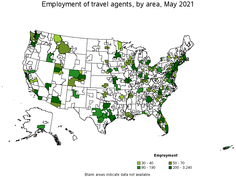Map of employment of travel agents by area, May 2021